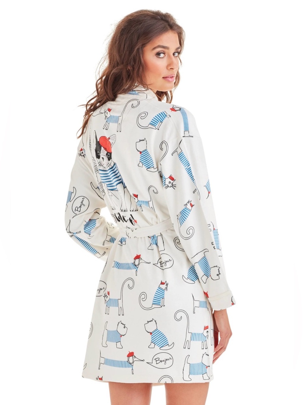 New $188 LE WOOF Paris French Bull Dog super soft SHORT ROBE-WRAP-UP VIP